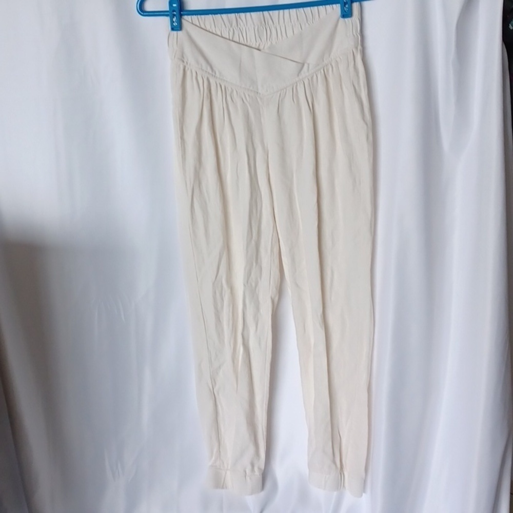 Banjara Linen Blend Cream Crossover Waist Tapered Leg Casual Pants, elastic wst